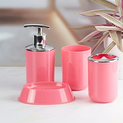 Image of Kookee Acrylic Bathroom Set - Stylish 4 Piece Bath Accessories Kit with Soap Dispenser, Toothbrush Holder, Tumbler & Soap Dish - Modern & Designer Decor for Home & Guest Bathrooms (7397)