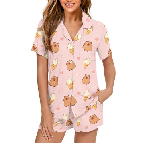 Image of Women's Short Sleeve Sleepwear Button 2 Piece Plus Size Pajamas Casual Soft Stretchy Funny Nightwear with Pockets