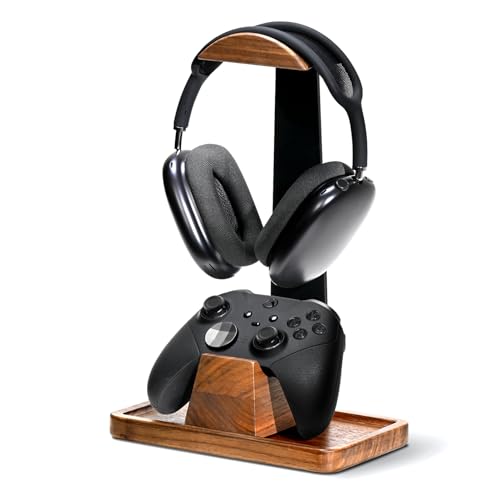 Kopfhörer und Controller Ständer aus Walnussholz Kopfhörer Halterung Halter aus Holz Headset Ständer Universelles Schreibtischzubehör kompatibel mit PS5 PS4 Xbox One und Nintendo Switch