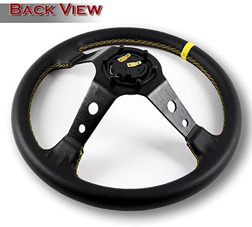 Q1-TECH, Steering Wheel - (Deep Dish) - 350mm (13.78 inches) - Black Leather with Black Spokes/Yellow Stripe, Drifting Deep Dish 350mm 6 Hole Sport Steering Wheel Racing Trim Universal