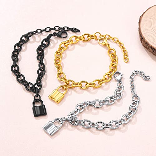 Findchic Black Cable Chain Bracelets For Women With Padlock Charm Stainless Steel 7.5Inch Adjustable Thick Wrist Link Statement Punk Personalized Lock Bracelet For Men #TOP6