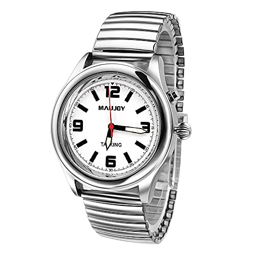 MAUJOY Sehr deutlich Deutsch Sprechende Armbanduhr mit Weckerunktion. Ansage der Uhrzeit und Datum mit Wochentag Cover