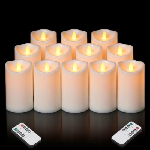 Image of Artmarry Flameless Candles Outdoor Indoor Pillars Battery Operated Flickering Candles Include 10-Key Remote Timer 400+ Hours by 2 AA Batteries (White Candle - Warm Light, 3 inch D x 6 inch H - 12 Pack)