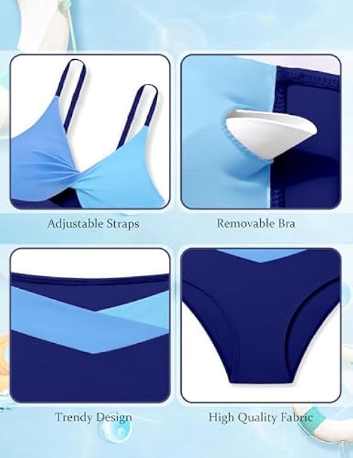 Girls Swimsuit Color Block Girls Bathing Suit Twist Tankini Set Two Piece Girl Swimwear Bikini Set for 9-16 Years
