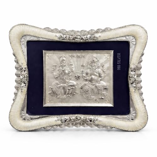Image of KYAT Pure 999 Fine Silver Kamdhenu Cow with Calf Idol Elephant Pair (Lakshmi Ganesh - 14 x 18'')