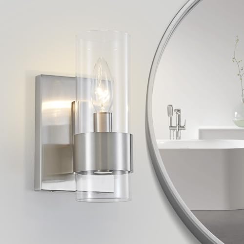 Image of WUZUPS Set of 2 1-Light Bathroom Wall Light Fixture Over Mirror Flat Class Shade Morden Vanity Scones for Bathroom Bedroom Living Room, E12 Base, Brushed Nickel