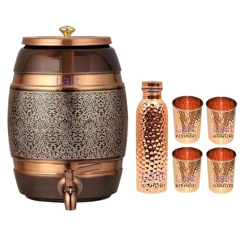 Lalit Kishori Récipients épais faits à la main avec quatre verres et une bouteille | Distributeur d'eau martelée fabriqué en cuivre 100 % pur de 5 litres