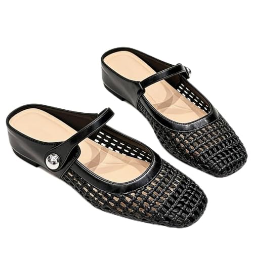 Women's Square Toe Woven Hollow Out Casual Flat Shoes, PU Leather Upper, Rubber Sole, Medium Width, All Season Fashion Sneakers Slip on Mules Mesh Ballet Flats Mary Jane Trendy Backless (Black,8)