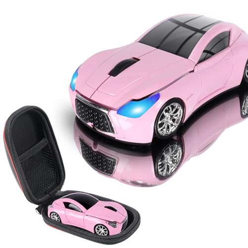 Image of elec Space Wireless Mini Mouse with Case - Cute Sports Car Shape, Lightweight & Portable, 10m Range, Plug and Play (Pink)