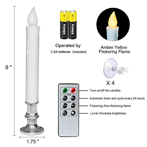 Dromance 9" Flameless Window Taper Candles Battery Operated With 8-Key Remote And Timer, 4 Pack White Christmas Holdiay Window Candles With Silver Holders, Suction Cups And Aa Batteries Included #TOP5