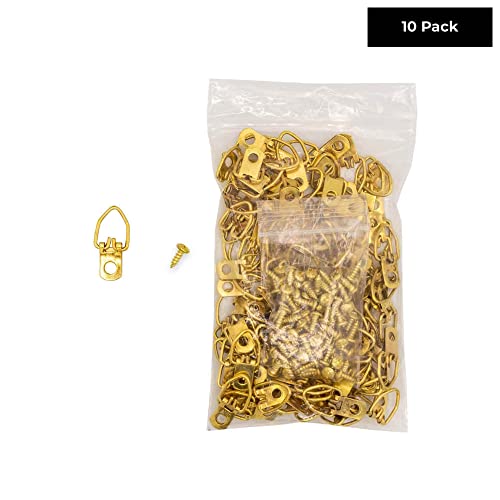 Image of 1 Hole Brass-Plated Heavy Duty D Ring Picture Hanger - Pack of 10 with Screws for Picture Frames & Mirrors