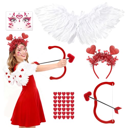 Beipegin 5pcs Cupid Costume Valentines Costume with Angel Wings Cupid Bow and Arrow Set Valentines Headband StickersWings:2610in