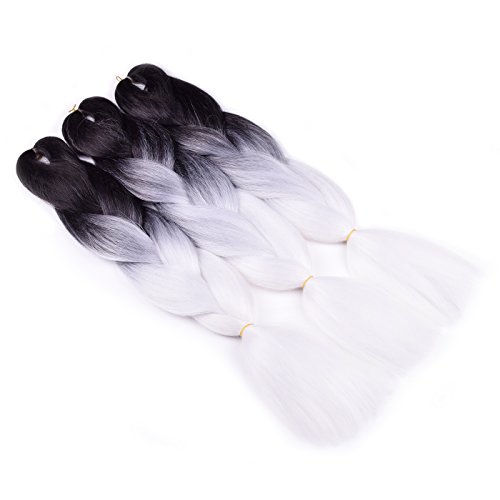 Bacana Ombre Braiding Hair (Black/White) 3 Pack Ombre Synthetic Braiding Hair Extension For Box Braids Senegal Twist Soft Fluffy High Temperature Fiber #TOP3
