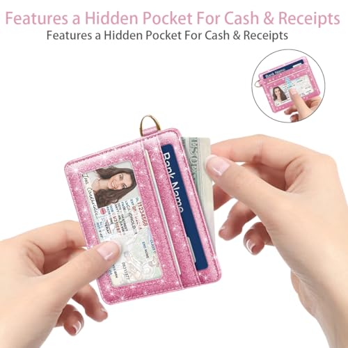 Image of Slim Minimalist Pocket Credit Card Holder Wallet Women | RFID Blocking Lightweight Thin Small Cute Card Cases, Glitter Peach