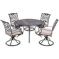 5 Piece Aluminum Outdoor Dining Set for 4, 4 Cushioned Swivel Rocker Chairs and 48 inch Round Alum Casting Table with Umbrella Hole, All-Weather Patio Furniture Set for Backyard Patio Lawn Garden
