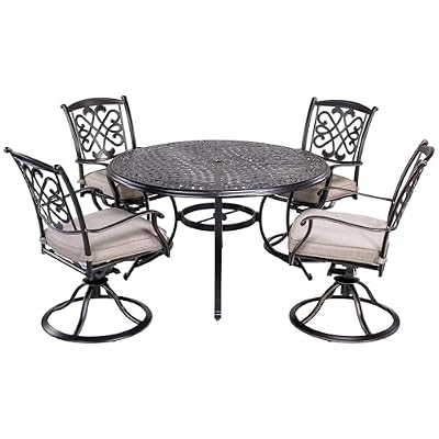 5 Piece Aluminum Outdoor Dining Set for 4, 4 Cushioned Swivel Rocker Chairs and 48 inch Round Alum Casting Table with Umbrella Hole, All-Weather Patio Furniture Set for Backyard Patio Lawn Garden