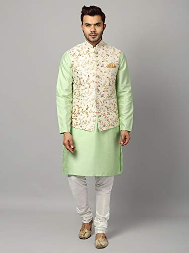 Image of Uri and MacKenzie Men's Silk Blend Kurta Churidar Pyjama with Stylish Nehru Jacket