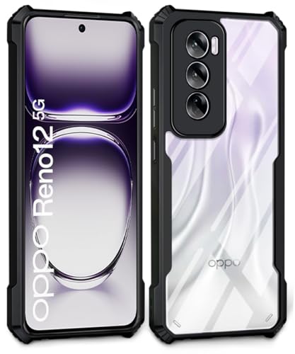 Image of WOW IMAGINE Shock Proof Clear Protective Back Case for Oppo Reno 12 5G - AirEDGE Technology | 360 Degree Camera Protection | Transparent Hybrid Back Case Mobile Cover - Black