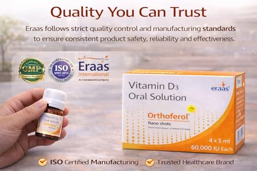 Image of Eraas Orthoferol Vitamin D3 60,000 IU Nano Shots | Sugar Free Cholecalciferol | Weekly Dose for Bone Strength, Immunity & Muscle Health | Sugar Free Liquid Supplement | 4x5ml Bottles