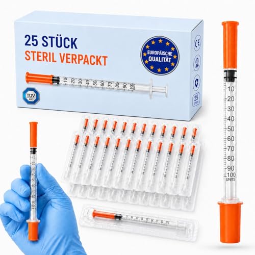 25 Stück 1 ml 30G x 8 mm | 1 ml Spritzen mit fester Nadel steril einzeln verpackt präzise Skala für Flüssigkeitsdosierung Laborbedarf