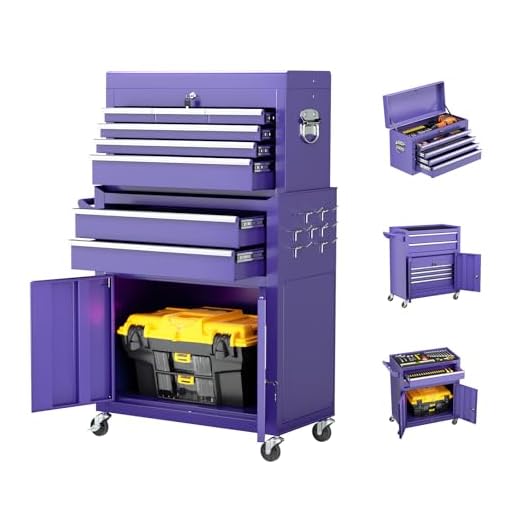 Oakcloud Lockable 8-Drawer Rolling Tool Chest & Cabinet Combo with Black Liner – Heavy-Duty Steel Garage Tool Box on Wheels – Detachable Top Toolbox & Bottom Storage Cart with Side Hooks, Purple