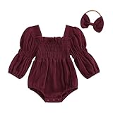 Kavousa Smocked Baby Girl Clothes Newborn Girl Bubble Romper Long Sleeve Jumpsuit And Headband Outfit Cute Infant Clothing (Long Sleeve Red, 0-3 Months)