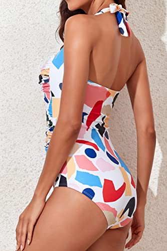 Image of Smismivo Tummy Control Swimwear Halter One Piece Slimming Vintage Retro Swimsuit Womens Ruched Push Up Bathing Suit