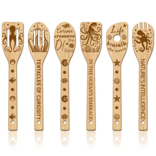GLOBLELAND 6Pcs Ocean Octopus Wooden Spoons Utensil Set Bamboo Carving Kitchen Cooking Utensils for Women and Men Wooden Engraved Cooking Spatula Set for Kitchen Fun House Warming Gift