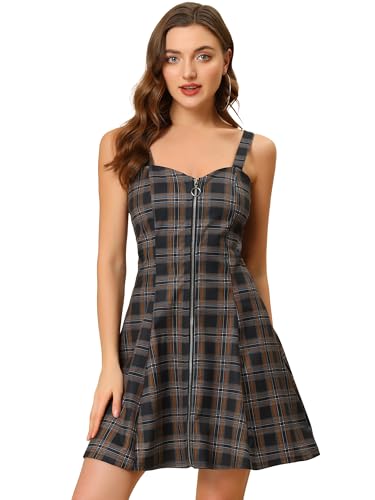 Image of Allegra K Women's Plaid Tube Dress Zip Up Strap Sleeveless Party Mini A-Line Dress
