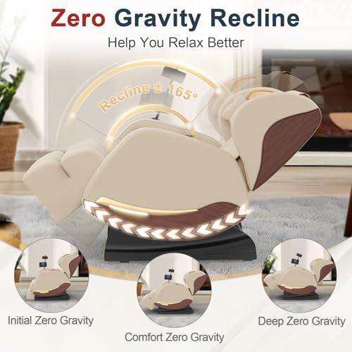 Yewglen Massage Chair Full Body, Zero Gravity Massage Chair With 10 Fixed Rollers, Wood Grain Leather, Foot Massage, Airbags, Lumbar Heating, Bluetooth And Control Screen (Creamy White) - 6