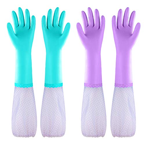 Comparison: Best Dishwashing Gloves For Hot Water 5 Elgood Reusable Long Sleeve Dishwashing Cleaning Gloves with Latex Free,Cotton Lining,Kitchen Gloves 2 Pairs,Purple+Blue M