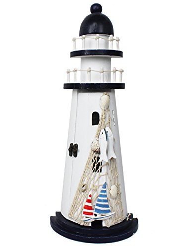 Phare décoratif en bois avec filet de pêche, bateau, étagère maritime (01)