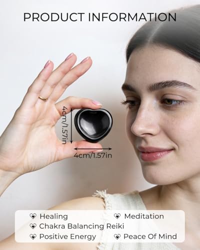 Image of Natural Black Obsidian Heart Worry Stone - Polished Thumb Pocket Stone for Anxiety & Stress Relief - Heart-Shaped Crystal for Reiki Healing, Meaningful Spiritual Gift for Women & Men