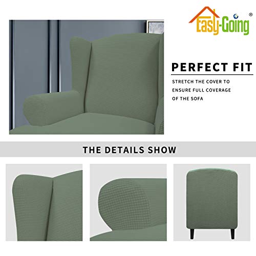 Image of Easy-Going Stretch Large Wingback Chair Sofa Slipcover Greyish Green | 1-Piece Sofa Cover Furniture Protector Couch Soft with Elastic Bottom, Spandex Jacquard Fabric Small Checks