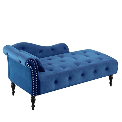 Gustonhon 60.6" Modern Velvet Chaise Lounge Indoor,Upholstered Lounge Chair with Nailhead Trimmed and Solid Wood Legs,Sleeper Lounge Sofa for Living Room,Bedroom,Apartment,Office (Blue) - Thumbnail 6