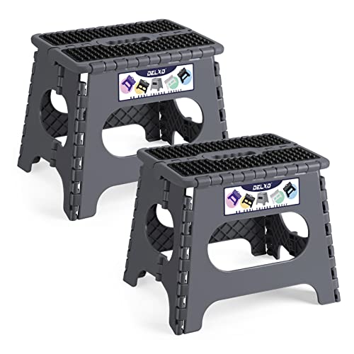 Delxo 11 Folding Step Stool for Kids and Adults,2Packs Non-Slip Foldable Step Stools with Handle,Plastic Portable Folding Stool for Bathroom,Bedroom,Kitchen,Hold up to 300lbs Grey
