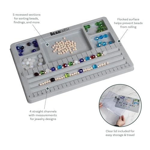 Image of The Beadsmith Mini Bead Board, Grey Flocked | 4 Straight Channels, 5 Recessed Compartments, 7.75 x 11.25 inches, Design Boards for Creating Bracelets, Necklaces and More