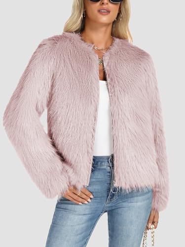 Funlingo Women's Faux Fur Coat Winter Warm Cropped Jacket Trendy Long Sleeve Crew Neck Zip Up Outerwear4