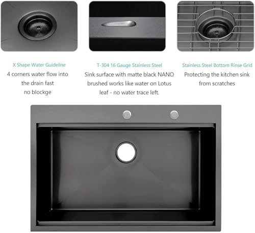 Lordear 33 Black Kitchen Sink Drop in 33x22 Drop Sink Stainless Steel 16 Gauge Gunmetal Black Ledge Workstation Single Bowl Topmount Overcounter Kitchen Sinks Deep Basin by Lordear - Used condition - Image 5