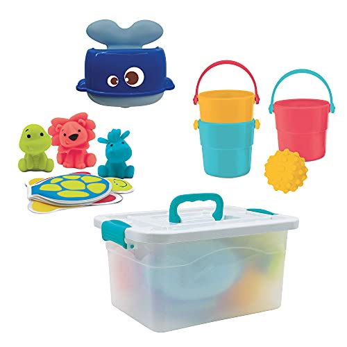 LUDI – Valise de salle de bain – Coffret jouets de bain bébé avec livres aspergeurs gobelets et balle – Jeux d’eau pour bain piscine et plage – Dès 10 mois
