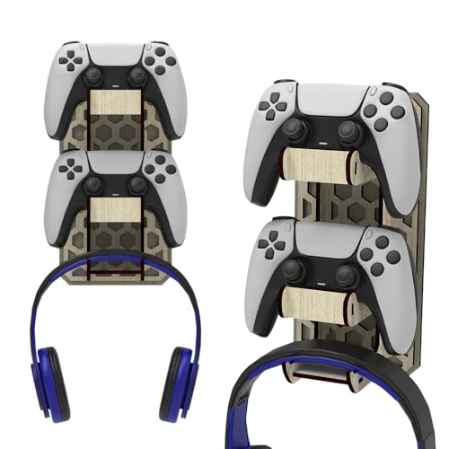Image of Wood Wall Mount Controller Stand with Headphone Holder, Gaming Desk Organiser, Gift for Gamers, Compatible with PlayStation and Xbox Controllers