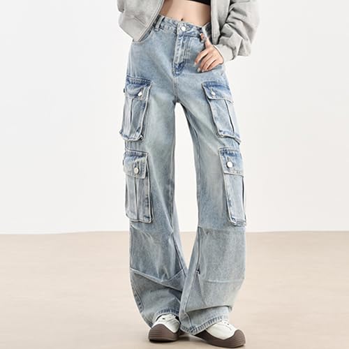 SANGTREE Women's Jeans High Waisted Y2K Casual Loose Wide Leg Cargo Denim Pants with Pockets4