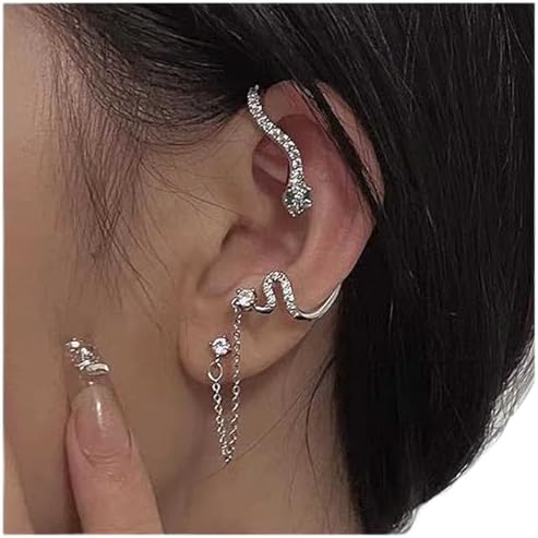 Aneneiceera Vintage Crystal Snake Cuff Wrap Earrings Silver Emerald Snake Cartilage Dangle Chain Cuff Earrings Punk Serpent Climber Crawler Earrings Gothic Clip on Earrings Jewelry for Women and Girls