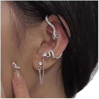 Aneneiceera Vintage Crystal Snake Cuff Wrap Earrings Silver Emerald Snake Cartilage Dangle Chain Cuff Earrings Punk Serpent Climber Crawler Earrings Gothic Clip on Earrings Jewelry for Women and Girls