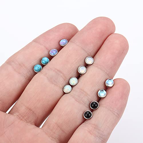 JeryWe 20G 4MM Hypoallergenic Studs Earring Set Moonstone/Turquoise/Round Stud Earrings Stainless Steel Stud Earrings for Women Men 6 Pairs4