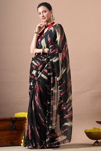 Image of MIRCHI FASHION Women Sari Georgette Chevron Printed | Modern Pattern Farewell and Festive Drape with Matching Blouse Piece