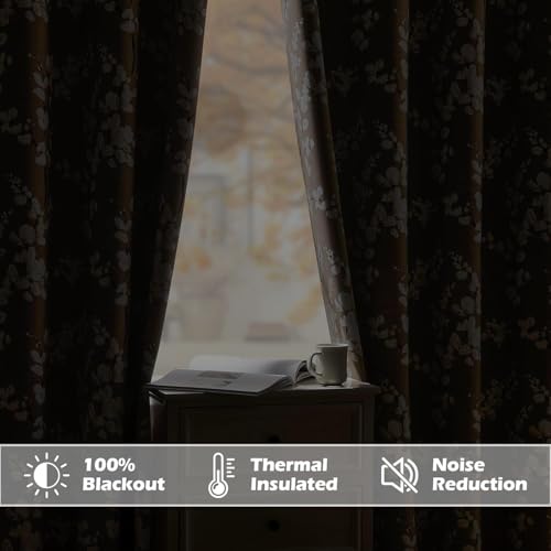 Image of BFAM Floral Print 100% Blackout Curtain with Black Linning at Back, Floral Print Curtains for Living Room /Bedroom Thermal Insulated Energey Saving Blossom Curtain, Pack of 1 Curtain
