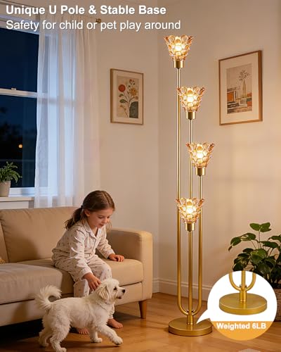 Image of Lightdot Glass Floor Lamp Dimmable 4-Lights Gold with Amber Glass Shade 3000K Bulbs Included Mid Century Modern Standing Tall Lamp with 5Lbs Heavy Base for Living Room /Bedroom /Sofa Beside /Corner Decor