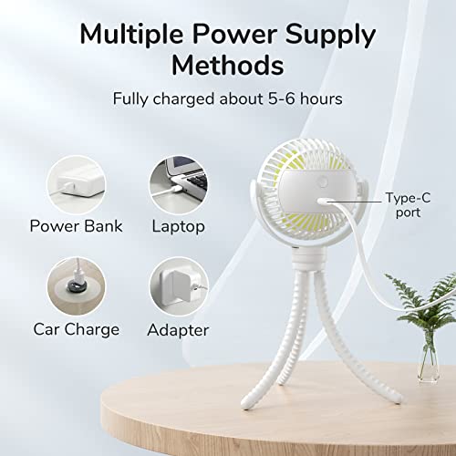 Image of JISULIFE Portable Stroller Fan 4000mAh Battery Operated with 4 Speeds, USB Rechargeable Mini Fan with 360Rotatable Flexible Tripod for Handheld /Desk /Car Seat /Treadmill /Travel -Starlight White
