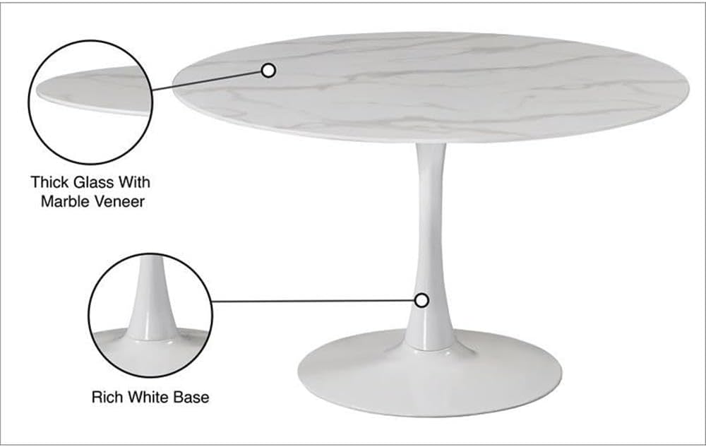 Pemberly Row 48" Round Dining Table, Faux Marble Top with White Pedestal Base, 10MM Tempered Glass Veneer, Contemporary Design, 48" Diameter Table for Kitchen, Dining Room or Office Use